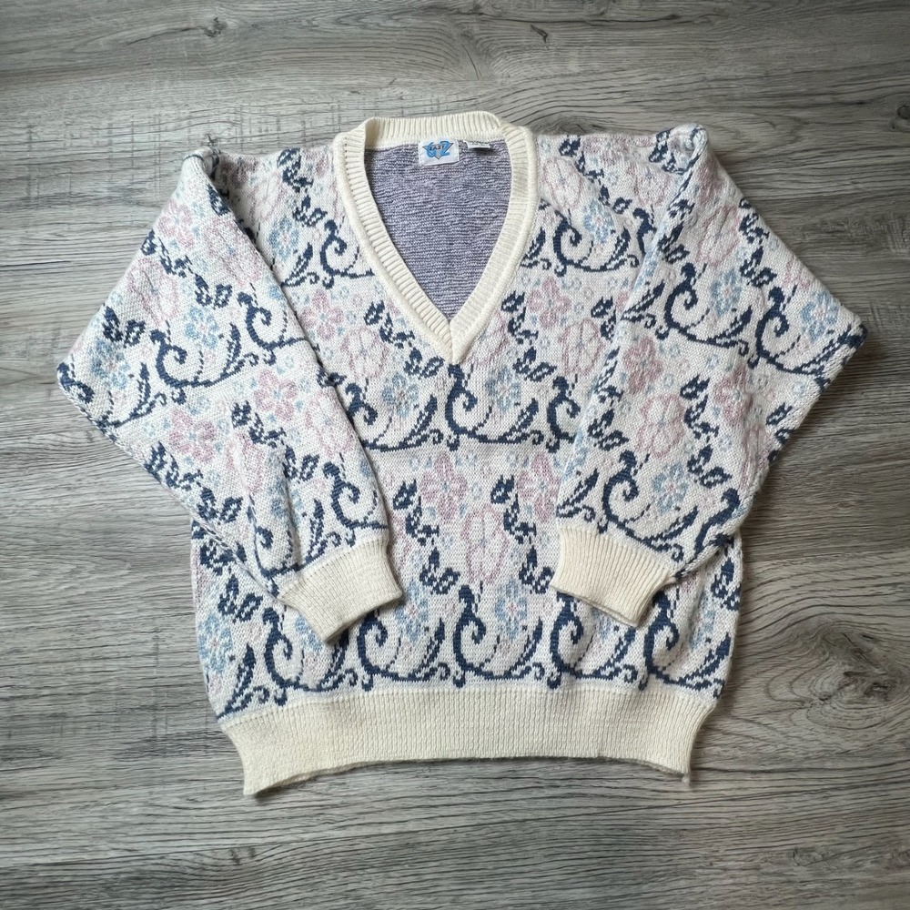 East 62 Sweater Womens Large Cream Floral V-Neck Vintage Knit‎ Pastel Pullover